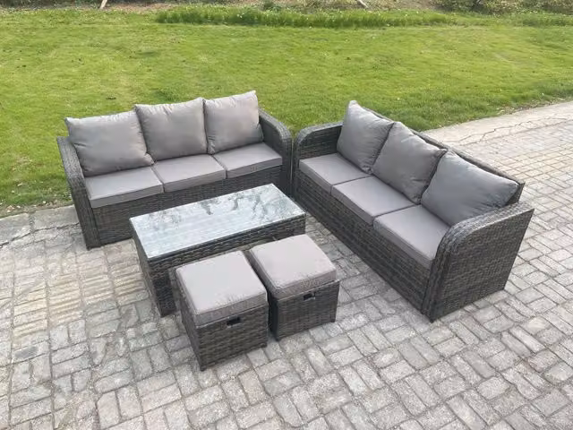 Fimous 8 Seater Rattan Garden Furniture Set with Rectangular Coffee Table and 2 Small Footstools in Dark Grey