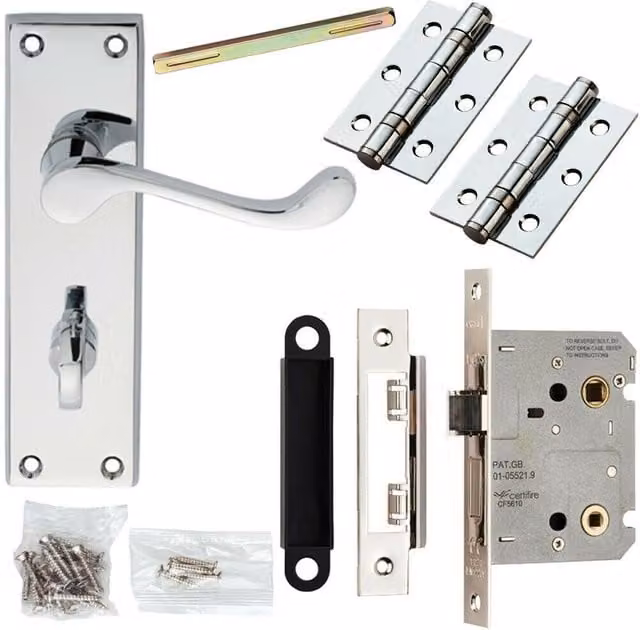Loops Victorian Scroll Door Handle and Bathroom Lock Pack in Chrome, Backplate 150 x 43 mm