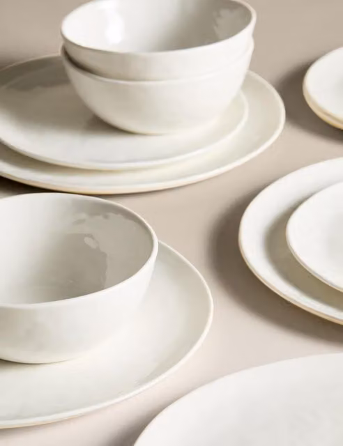 M&S 12 Piece White Bone China and Ceramic Artisan Dinner Set