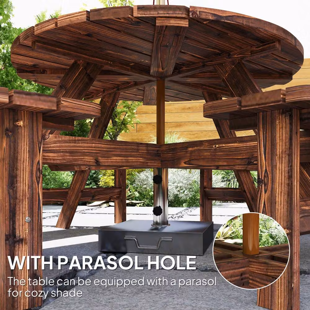 OUTSUNNY Rustic Treated Hardwood Garden Dining Set with Round Table and Benches in Dark Brown – 4