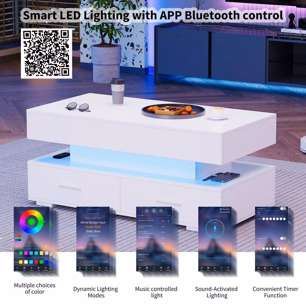 ModernLuxe White Hydraulic Lift Top Coffee Table with LED Light and 2 Drawers – 3
