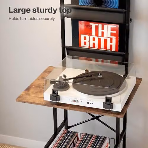 Levede Freestanding Vinyl Record Storage Cabinet with 2 Shelves and 3 Fabric Racks in Brown and Black – 6
