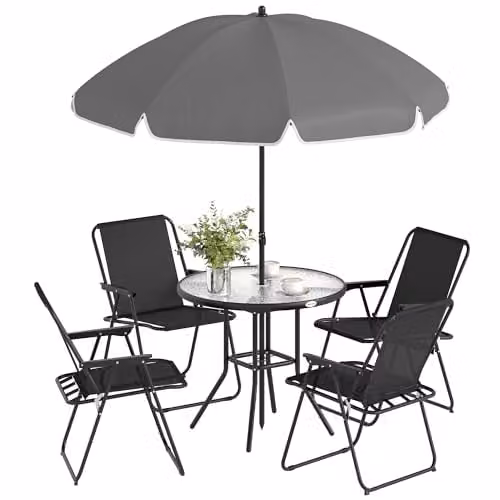 Outsunny 6 Piece Garden Furniture Set with Round Glass Table and Folding Chairs in Black