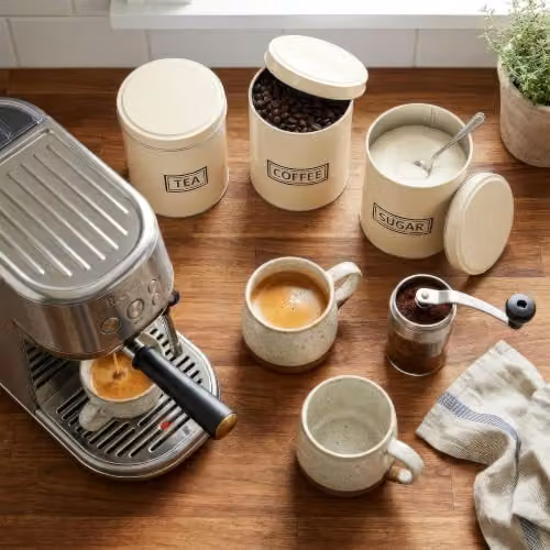 Harbour Housewares 3pc Metal Tea Coffee Sugar Canister Set with Airtight Lids in Beige, Black or White – 3