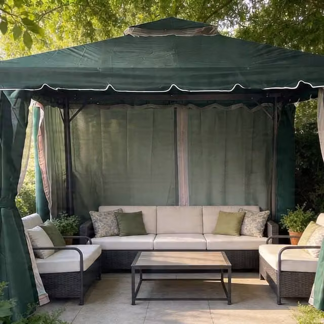 Shatchi Green Garden Gazebo with Curtains W: 4 m, D: 3 m