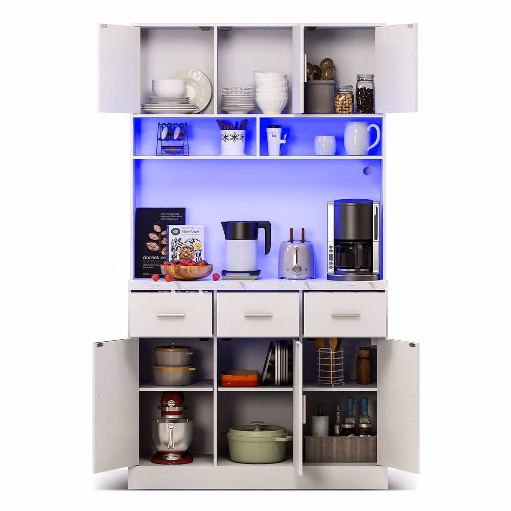 Merax Modern White Tall Kitchen Pantry Cabinet with LED Lighting and Internal Shelves, H 180 x W 100 x D 40 cm – 2