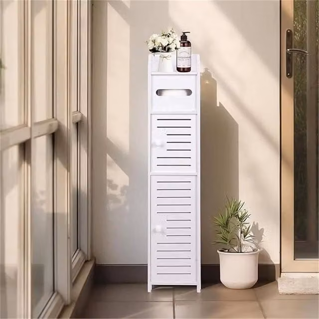 Nordara White Slim Freestanding Bathroom Storage Cabinet with Hinged Doors and Internal Shelves