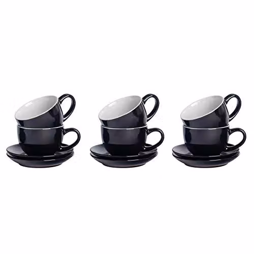 Argon Tableware Black Gloss Stoneware Cappuccino Cups and Saucers Set of 6, 250ml