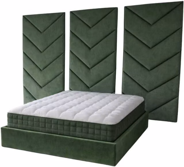 Stratus Interiors Optimus Velvet Bed Frame with Chevron Panel Headboard Set in Green, Size: King (W/D/H: 150 x 200 x 215.9 cm)