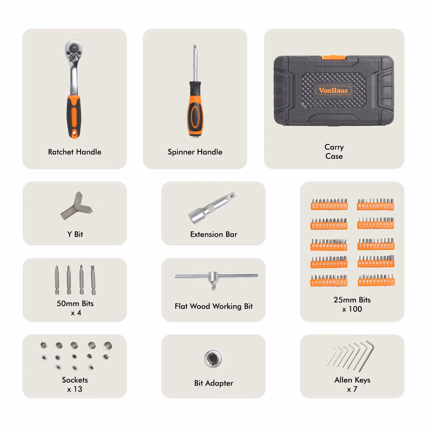 VonHaus 130-Piece 1/4" Drive Socket and Bit Set with Ratchet Handle and Carry Case in Grey and Silver – 4