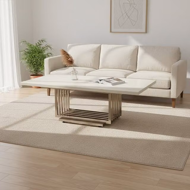 Fifty Five South Rectangular White Faux Marble Coffee Table with Silver Metal Frame