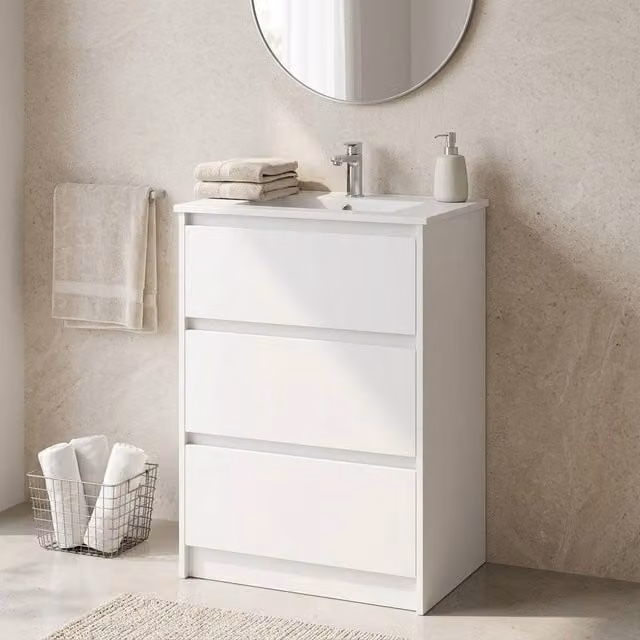 STILVORA Modern Glossy White Bathroom Vanity Unit with Basin and 2 Drawers, W/D/H: 61 x 37 x 88 cm
