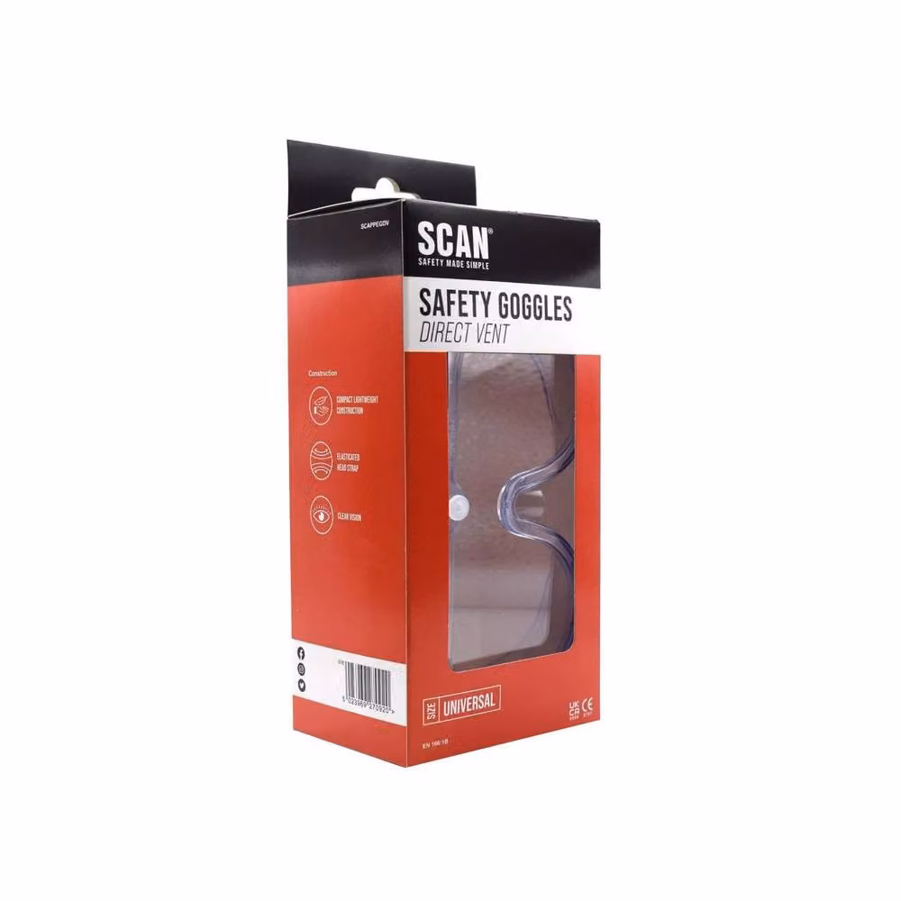 Scan Full Vision Clear Plastic Ventilation Safety Goggles EN 166 – 2