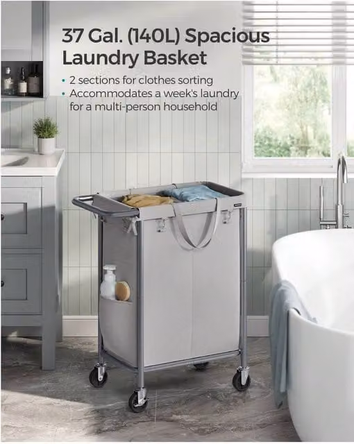 SONGMICS 2-Compartment Laundry Basket on Wheels with Removable Bags and Handles, Grey