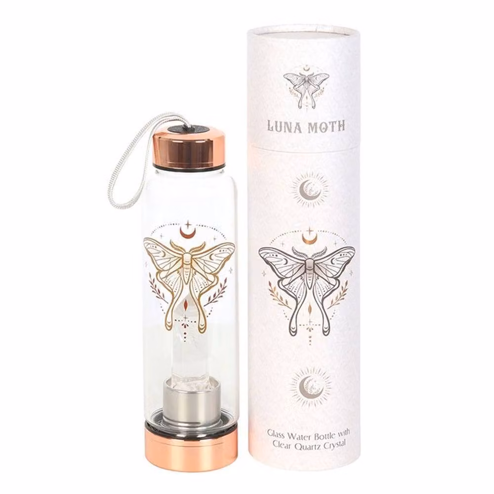 Uniqueful Luna Moth Glass Water Bottle with Clear Quartz Crystal, Transparent, 500ml – 2