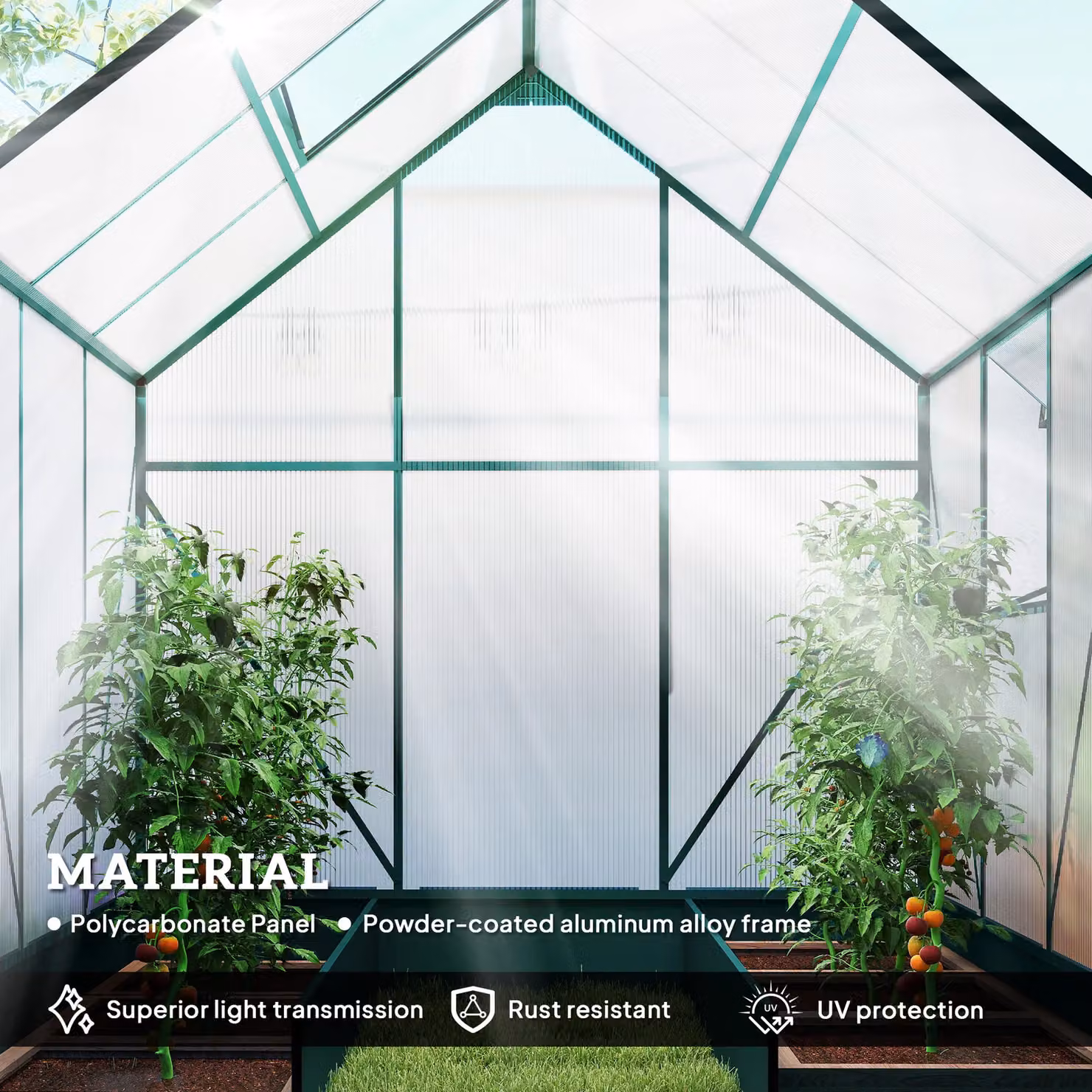 OUTSUNNY Aluminium and Polycarbonate Walk-in Greenhouse with Smart Window in Pale Green, W/D/H: 220 x 190 x 190 cm – 4
