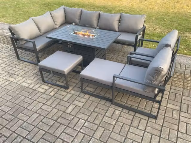 Fimous Aluminium Outdoor Garden Furniture Set in Dark Grey with Corner Sofa, Gas Fire Pit Dining Table, 2 Chairs and 2 Footstools