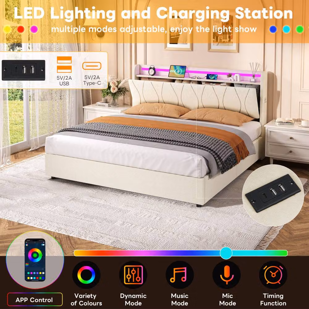 STILVORA King Size Upholstered Bed Frame in Beige with Hydraulic Lift-Up Storage, LED Headboard and USB Charging Port, W/D/H: 180 x 200 cm – 4