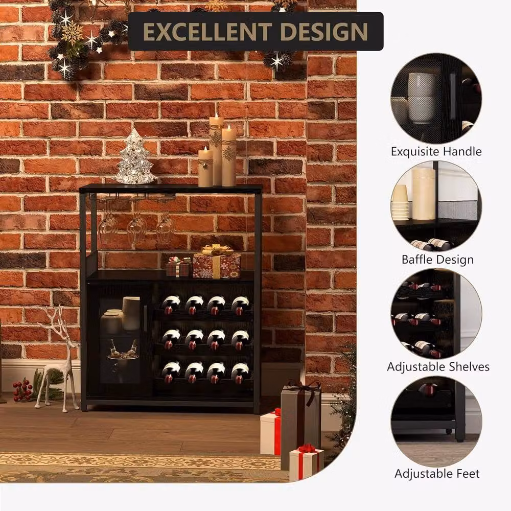 London Boutique Black Industrial Freestanding Wine Cabinet with Integrated LED Lighting, Bottle Rack and Glass Holder – 6