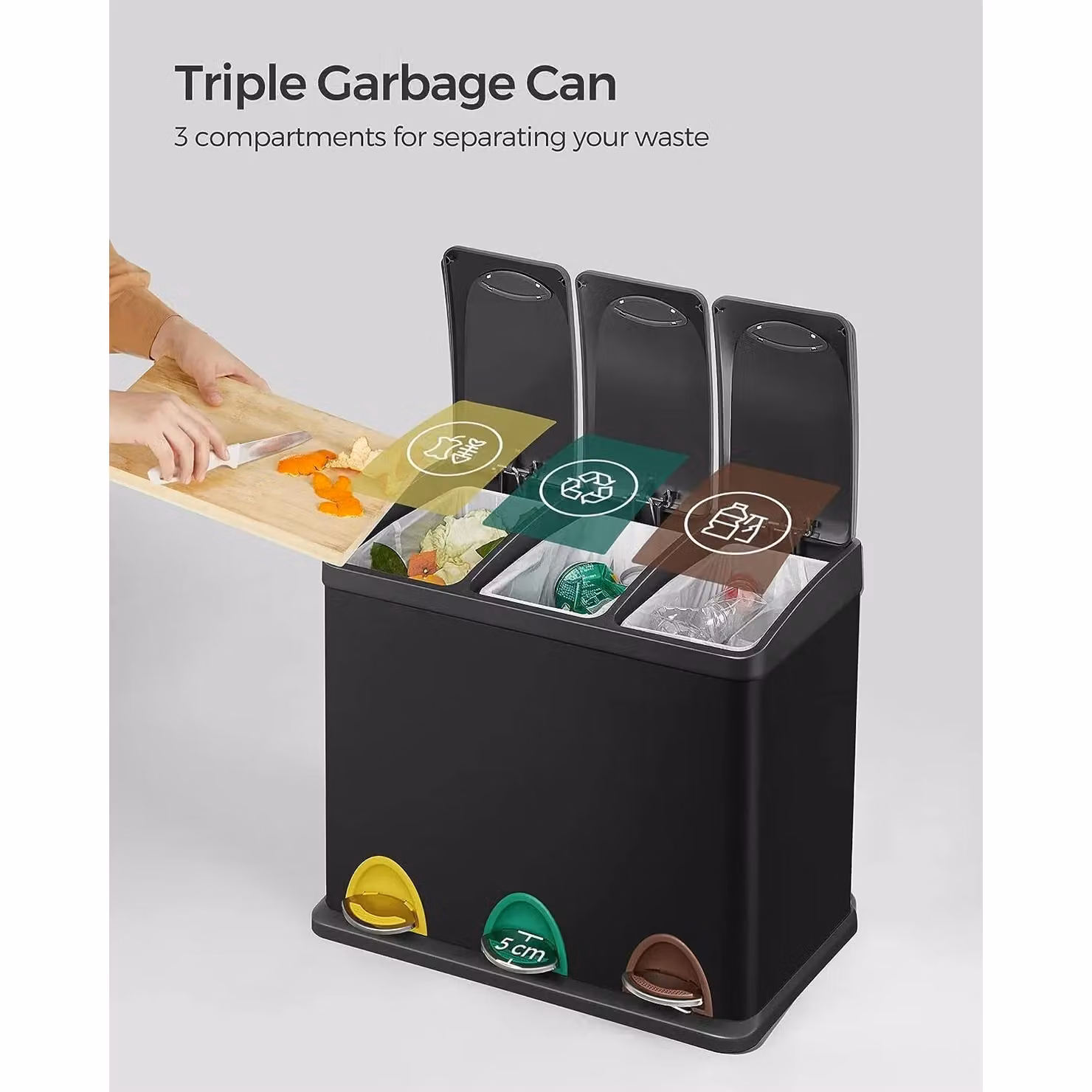 SONGMICS Triple Kitchen Waste Bin Recycling Can with Pedals and Lids, Black Steel – 3