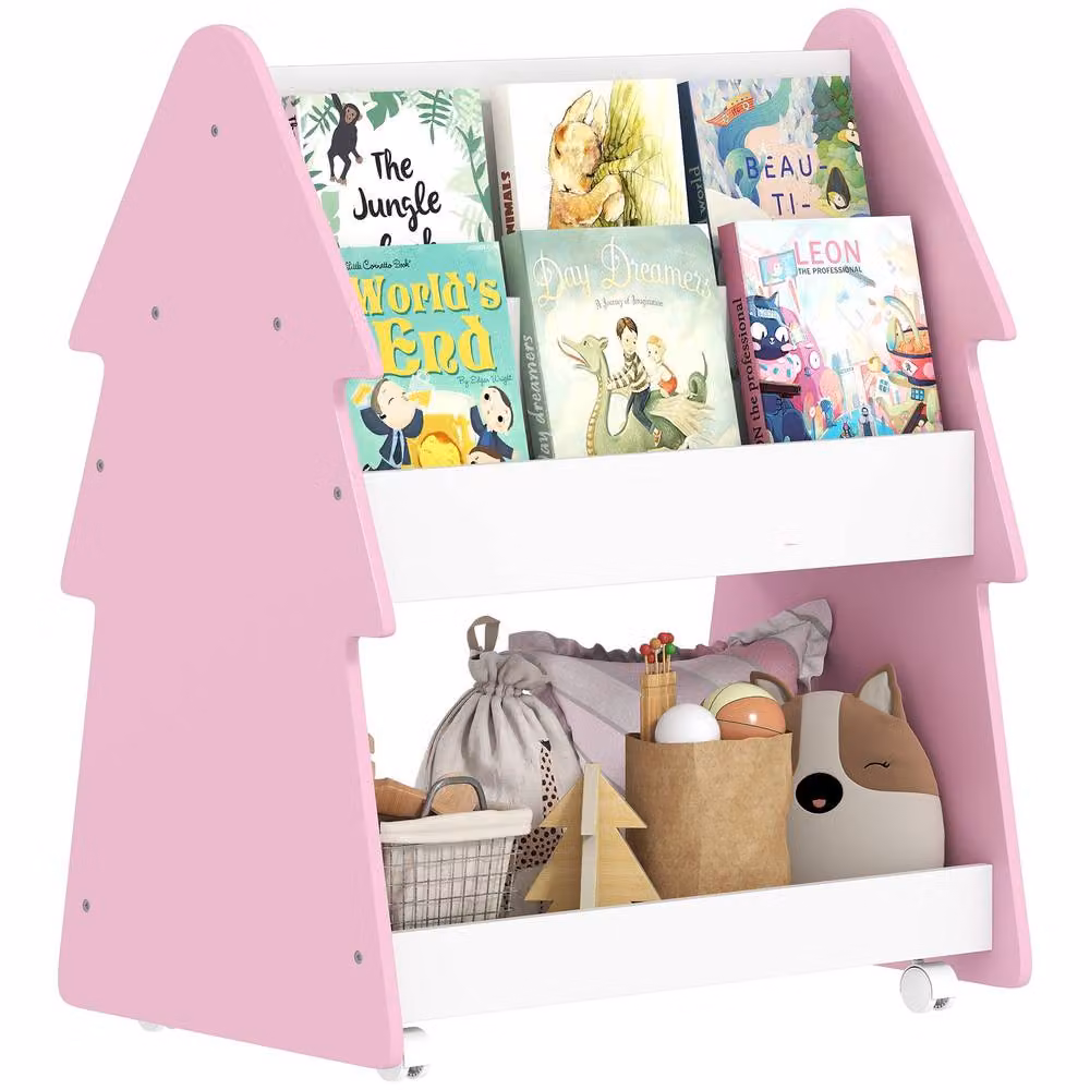 AIYAPLAY Double-Sided Children's Bookcase with Wheels, Pink – 2