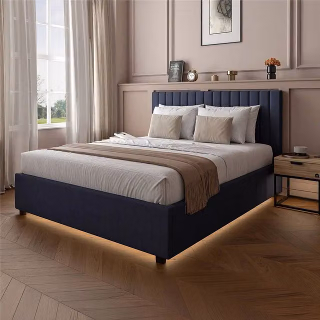 X Rocker Maisie Velvet Upholstered Ottoman Bed with Under-Bed LED Lighting in Blue, W/D/H: 140 x 200 cm