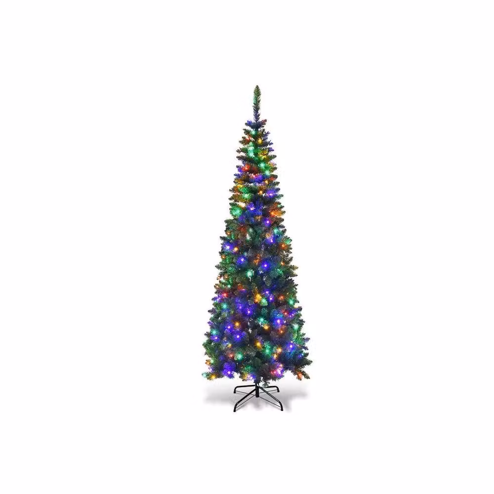 Shatchi Pre-Lit Artificial Slim Green Pencil Christmas Tree with Multicolour LED Lights and Metal Stand, Height: 152.4 cm – 2
