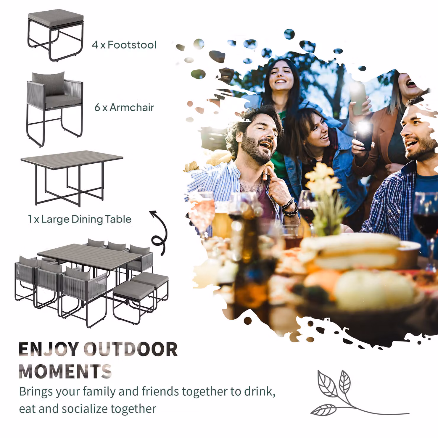 Outsunny 10 Seater Rattan Cube Garden Furniture Set in Grey with Cushions and Rectangular Wood Grain Plastic Top Table – 3