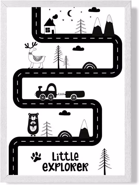 ARTZE Cute Little Explorer Map Scandi Framed Print, Black and White, A4
