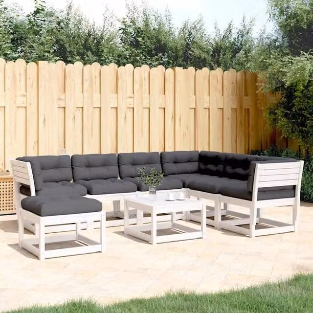 Berkfield Home 7 Piece L-Shape Garden Lounge Set with Cushions and Ottoman in White Solid Pine Wood