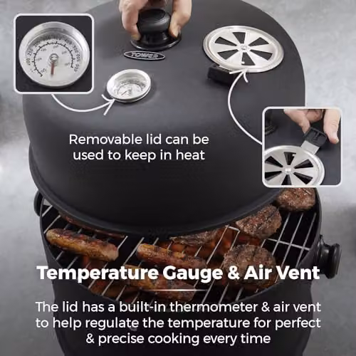 Tower 2-In-1 Tabletop Charcoal Smoker and Grill with Temperature Gauge and Airflow Vent, Black – 4