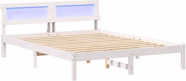 Berkfield Home White Pine Wood Bed with LED Strip Lights, Headboard and Lift Up Base, W/D/H: 160 x 200 cm