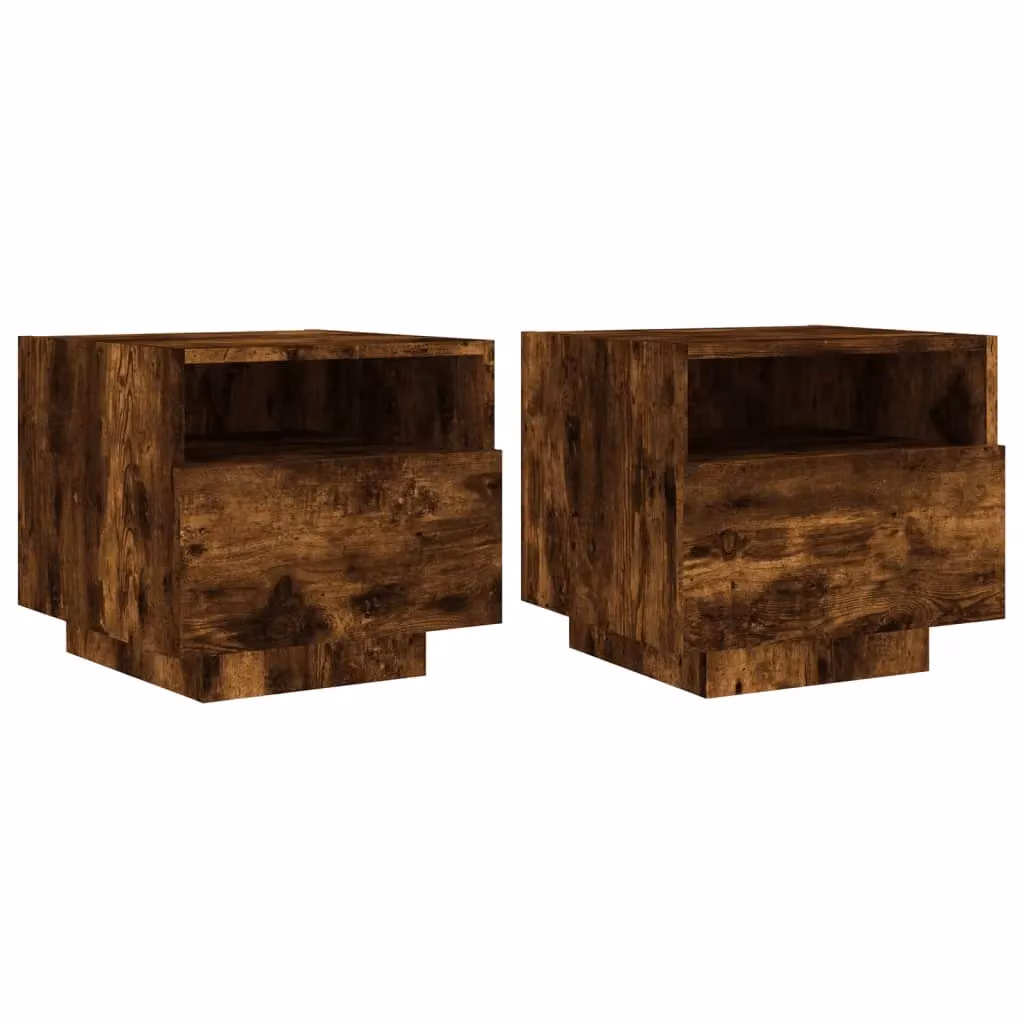 Berkfield Home Set of 2 Modern Smoked Oak Bedside Cabinets with Integrated LED Lights, Brown, W: 40 cm, D: 39 cm, H: 37 cm – 2