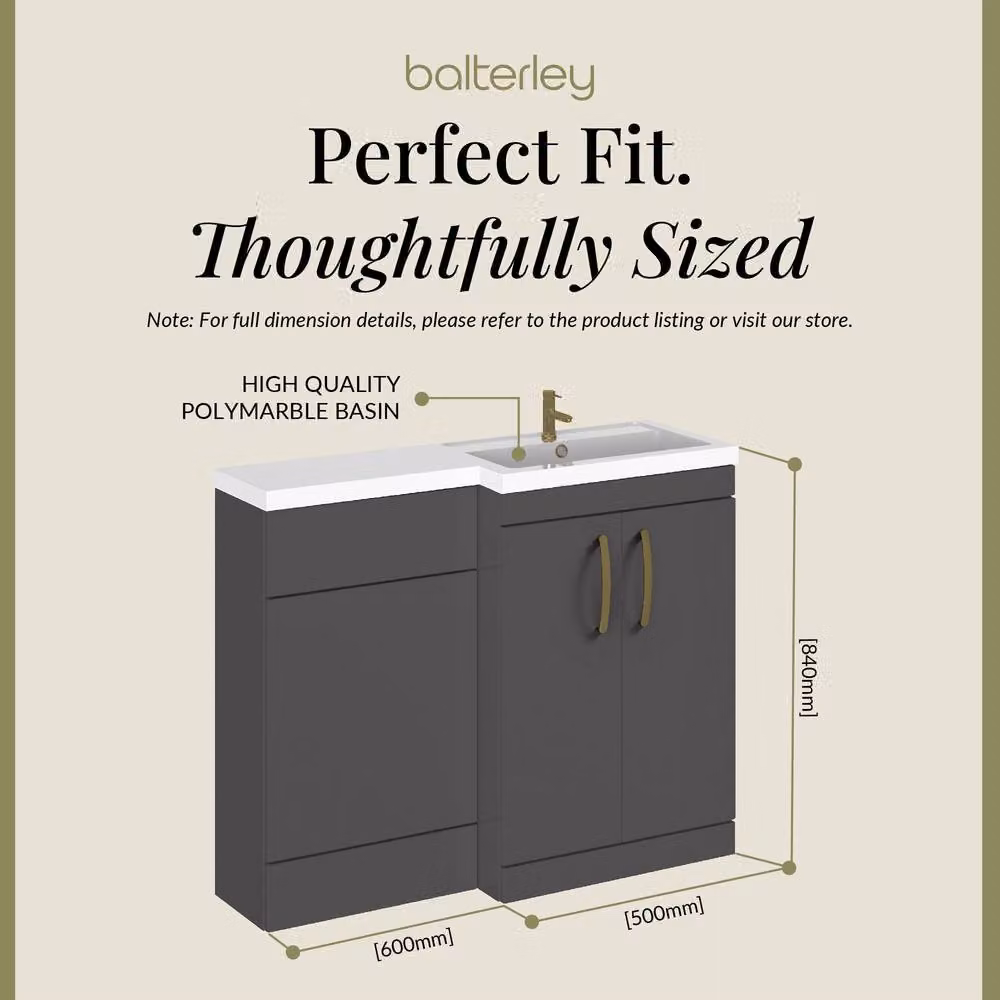 Balterley Modern Grey Freestanding Vanity Unit with Soft Close Doors and Brushed Brass Details, W: 110 cm – 4