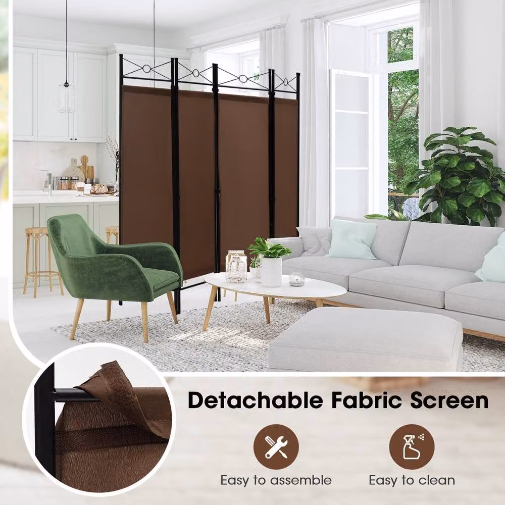 Costway 4 Panel Folding Room Divider Privacy Screen in Brown, Height: 182 cm – 3