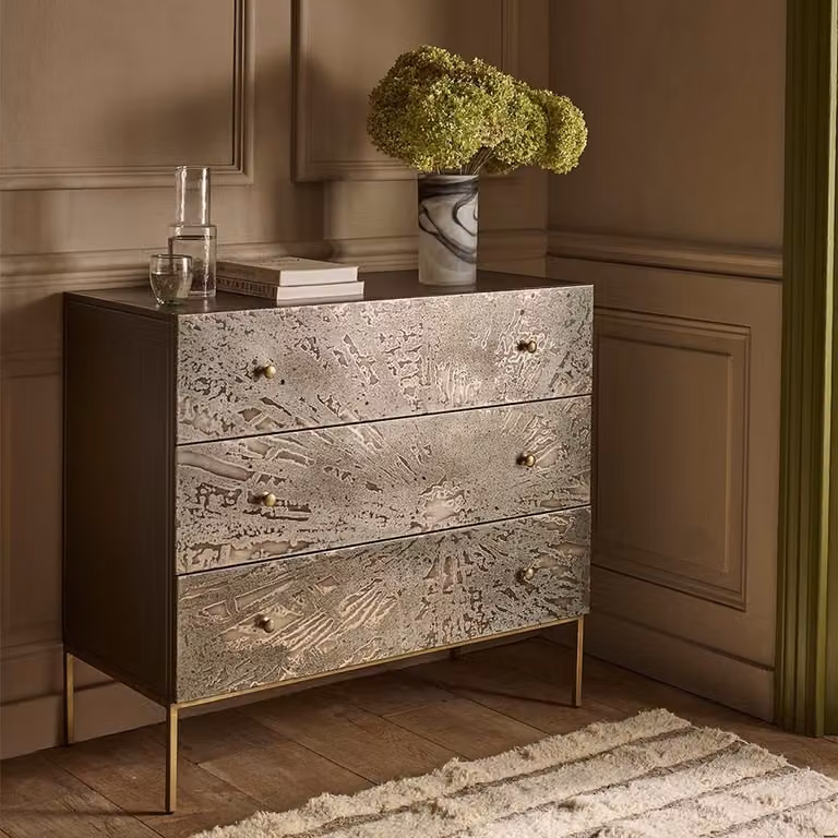 Atkin & Thyme Zenith Industrial Chest Of Drawers in Grey and Gold with Metal Accents, W/D/H: 90.5 x 45 x 100 cm