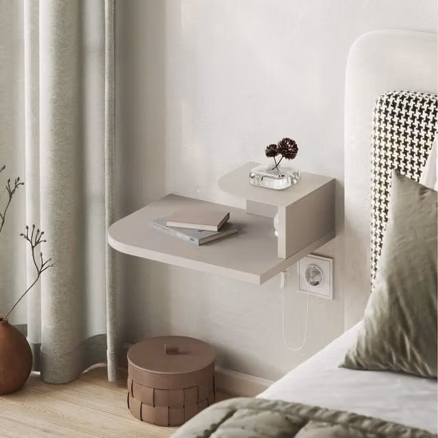 Decortie Luno Modern Wall-Mounted Bedside Table with Integrated Lighting in Sand