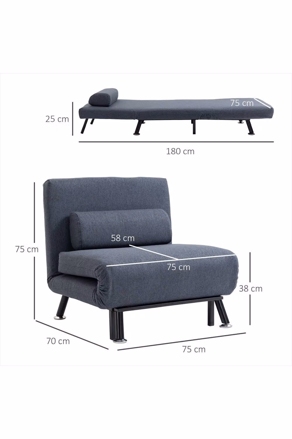 ERGOVEXA 3-in-1 Convertible Single Sofa Chair Bed in Grey Linen Fabric with Metal Frame – 2