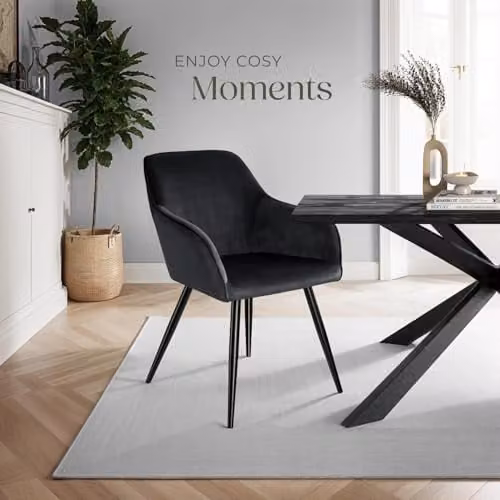 tectake Marilyn Dining Chair in Black Velvet with Armrests, W/D/H: 58 x 62 x 82 cm – 2