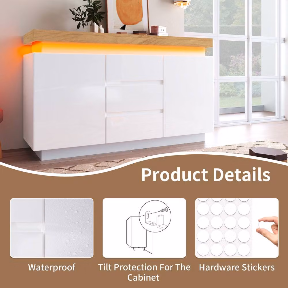 ModernLuxe High Gloss White Sideboard with Integrated LED Lighting, 2 Doors and 3 Drawers, W: 140 cm, H: 81 cm, D: 39 cm – 3