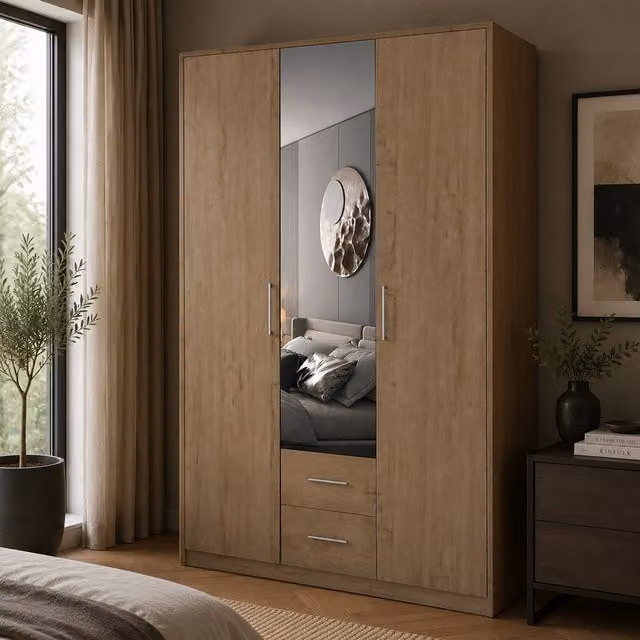 Swindon Oak 3 Door Wardrobe with Mirror and Integrated Drawers, Brown, W: 120 cm
