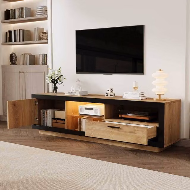 STILVORA Modern TV Stand with Drawer, Cabinet and LED Lights in Brown, W/D/H: 160 x 40 x 50 cm – 1
