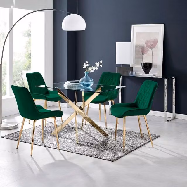 FurnitureboxUK Leonardo Rectangular Glass Dining Table and Four Pesaro Gold Leg Chairs in Green