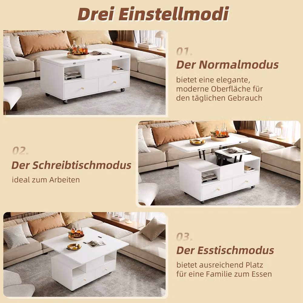 BTM White Lift Top Coffee Table with 4 Drawers, Castors and Drop Leaf, W/D/H: 100 x 50 x 47.5 cm – 6