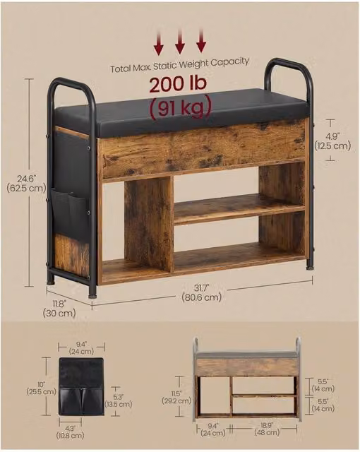 VASAGLE Industrial Shoe Storage Bench with Synthetic Leather Pockets in Bronze and Brown