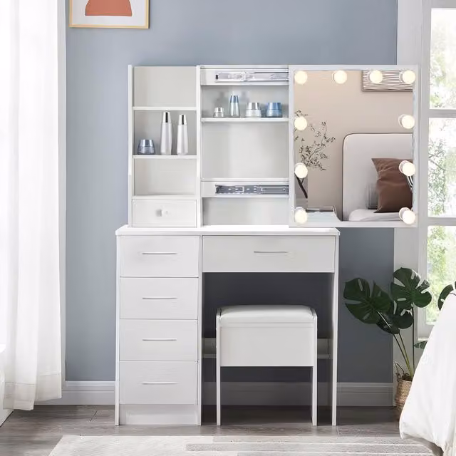 Comfy Living Modern White Dressing Table with Sliding LED Mirror, 5 Drawers and Stool