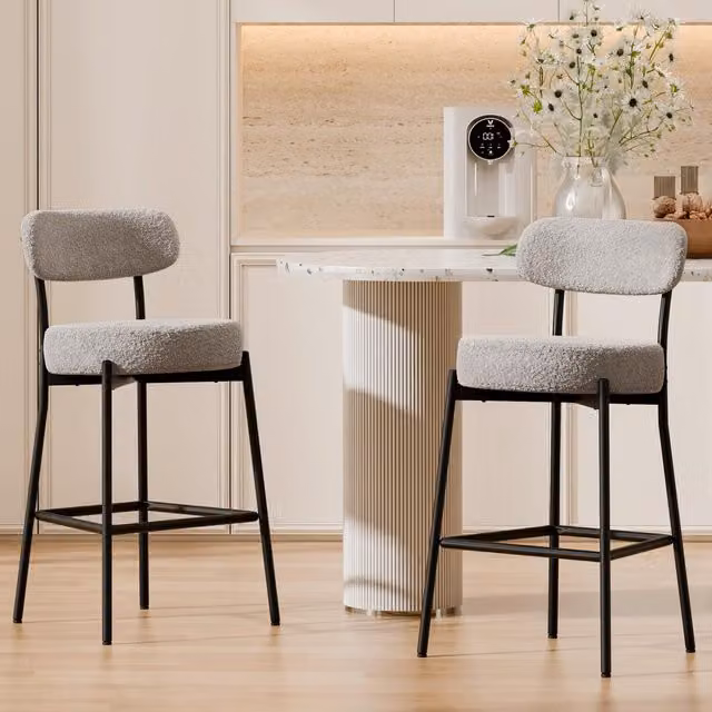 Modern Home Touch Set of 2 Grey Bouclé Fabric Upholstered Barstools with Black Metal Legs