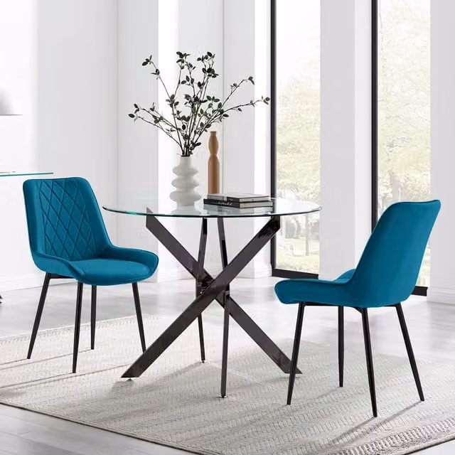 FurnitureboxUK Novara Round Glass Kitchen Dining Table with 2 Pesaro Blue Upholstered Chairs and Black Legs, Diameter: 100 cm