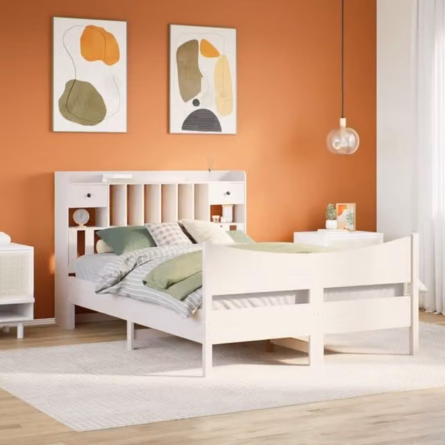 Berkfield Home White Solid Wood Pine Bed Frame with Drawers W/D/H: 160 x 200 cm
