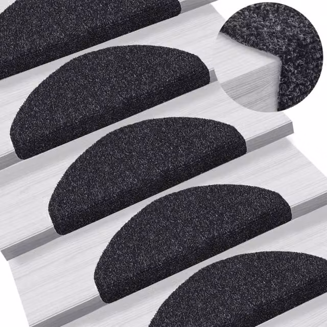 Berkfield Home Self-adhesive Needle Punch Stair Mats, 10 Pieces, Black, W/D/H: 65 x 21 x 4 cm – 1